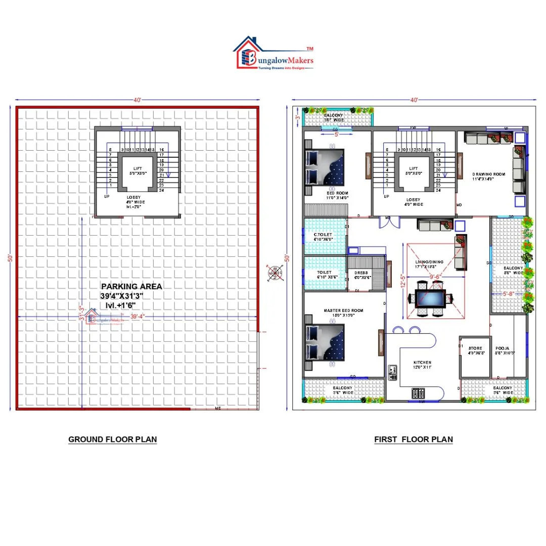 40x50 House Plans & Designs - 2000 sqft House Floor Plans