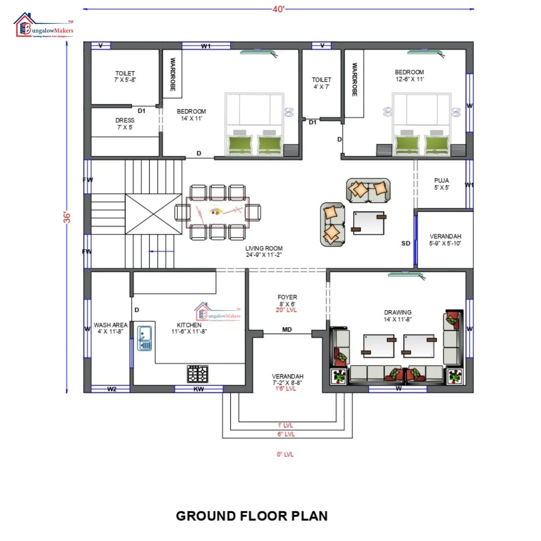 36x40 House Plans & Designs -  1440 sqft House Floor Plans