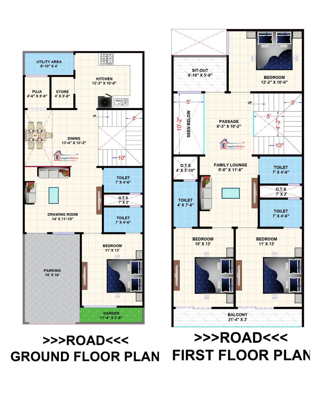 22ftx 48ft duplex house design with ground floor plan, first floor plan.