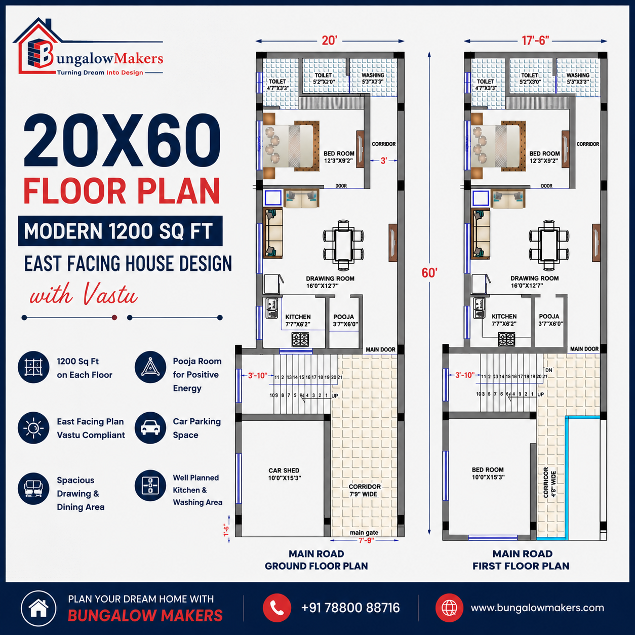 20x60 floor plan with modern 1200 sq ft east facing house design featuring Vastu-compliant layout, c